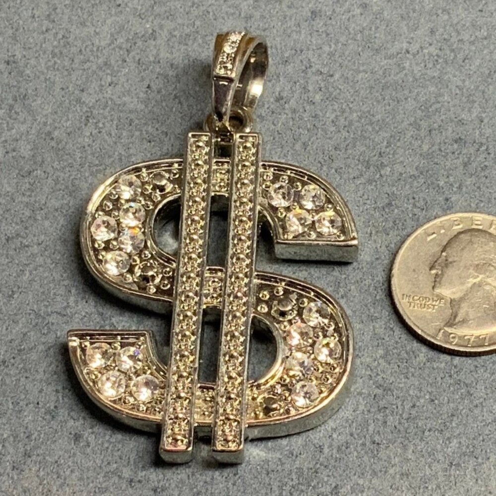 Large $ Dollar Sign Pendant Statement Silver Rhinestone Bling Glam Retro Rapper